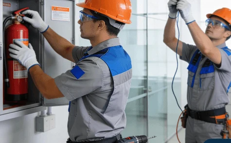 Equipe da Total Instalações instalando extintor